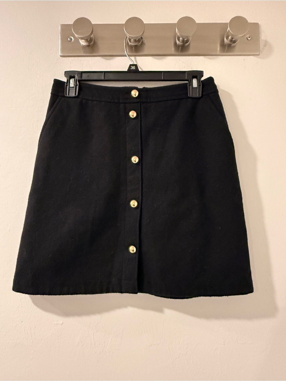 LOFT Black Wool Blend A-Line Mini Skirt Gold Button Front Size 2
